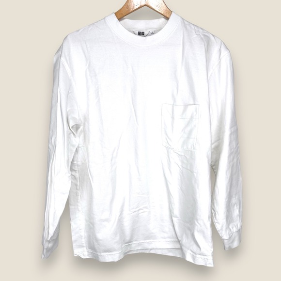 Uniqlo U Long Sleeve Crew Neck T Shirt Pocket Tee Men Medium White Heavyweight - Picture 1 of 9